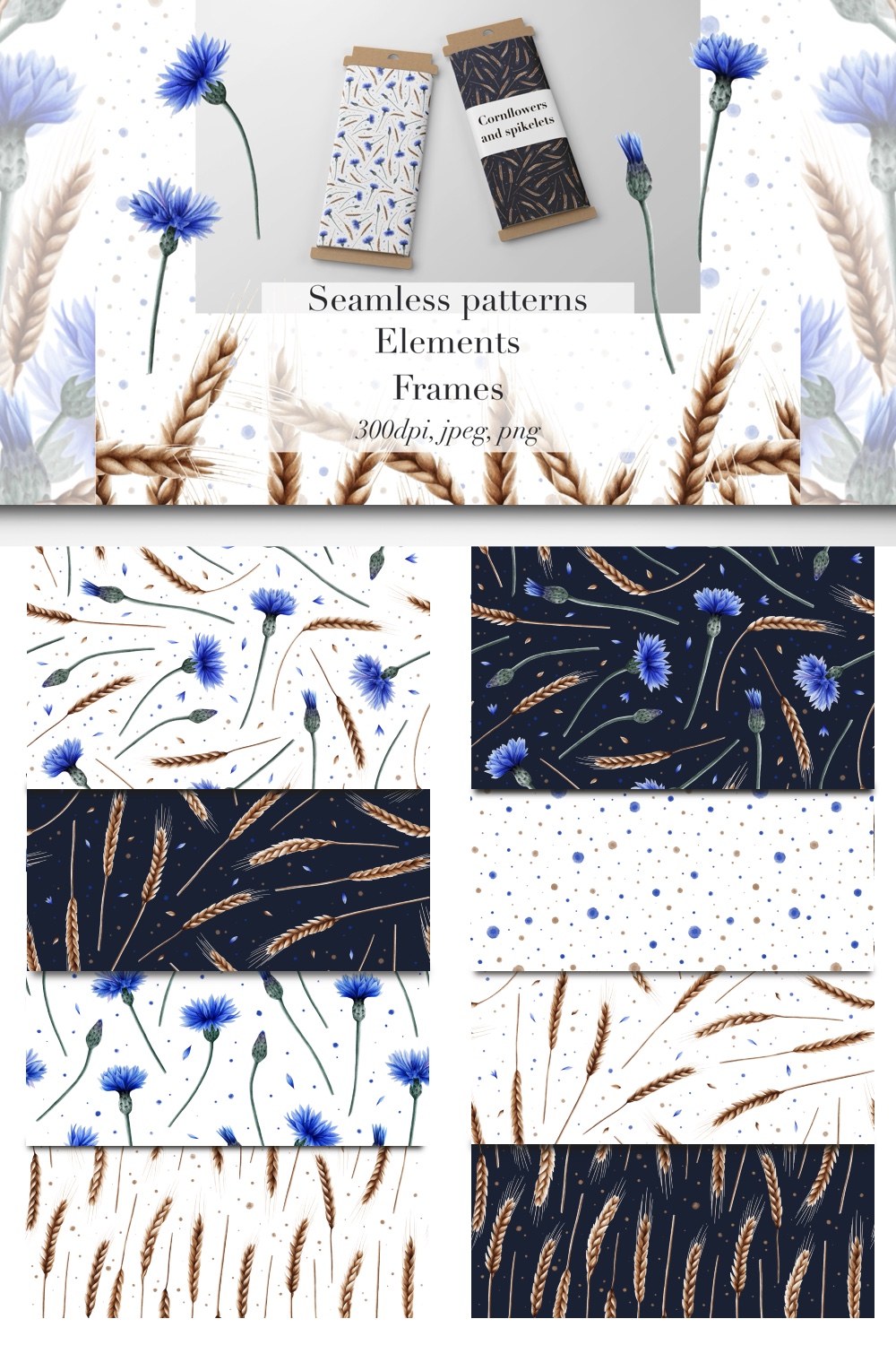 Cornflowers and Spikelets – Watercolor Set png elements + patterns + frames pinterest preview image.