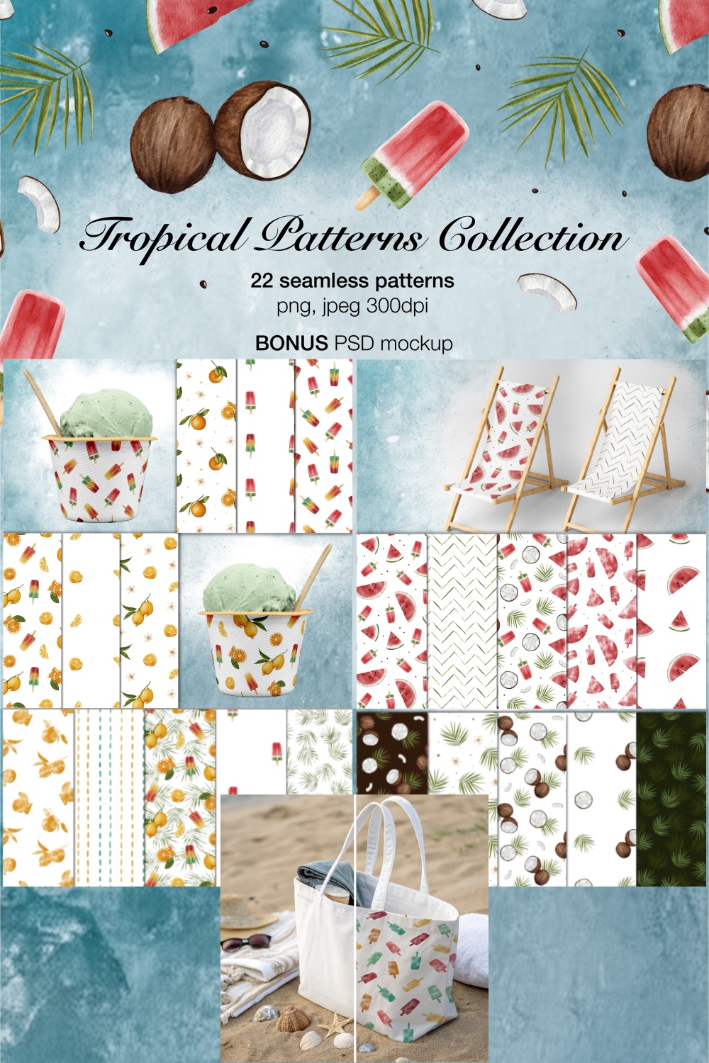 Tropical Patterns Collection + bonus mockup pinterest preview image.
