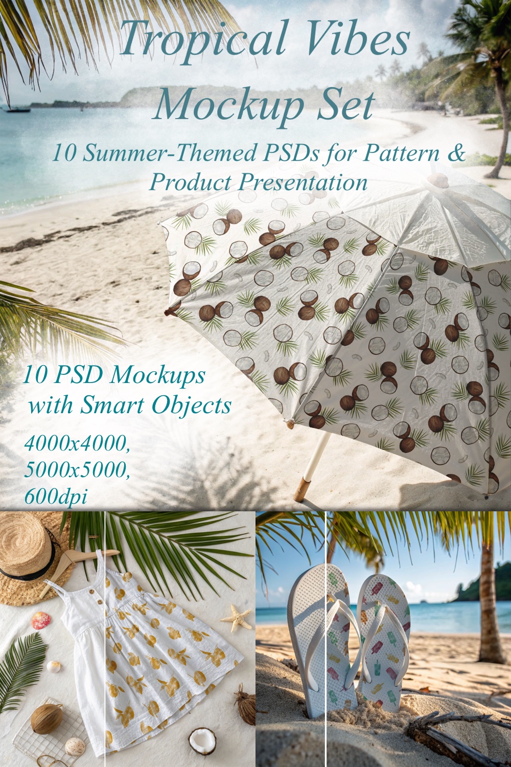 Tropical Vibes Mockup Set (10 PSD Mockups with Smart Objects) pinterest preview image.