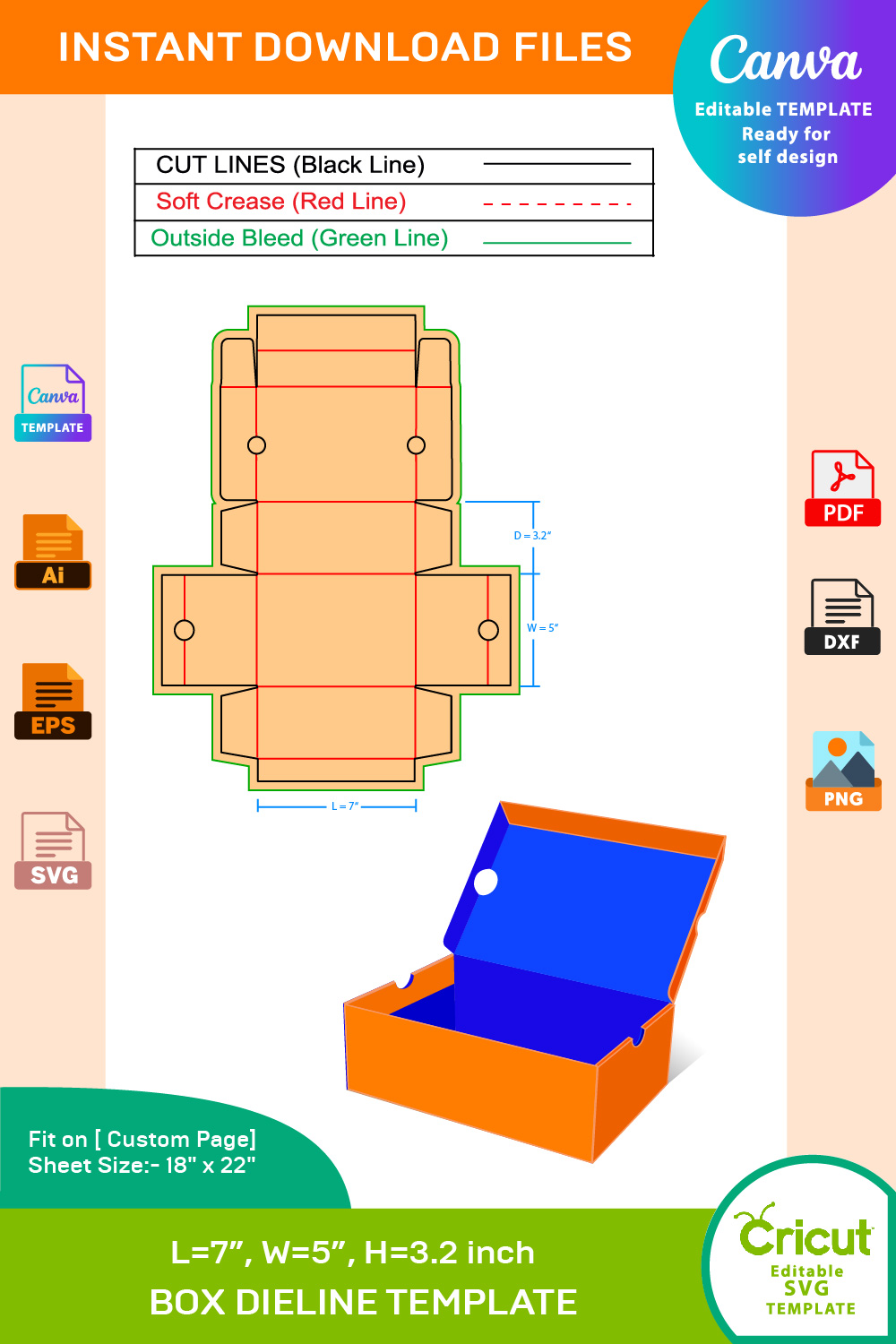 Kids Sneaker box Extra Large size 7x 5x32 Inch Dieline Template pinterest preview image.