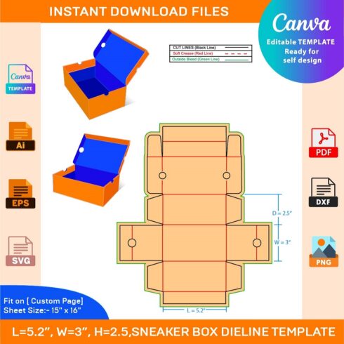 Kids Sneaker box Large size 52x 3x25 Inch Dieline Template cover image.