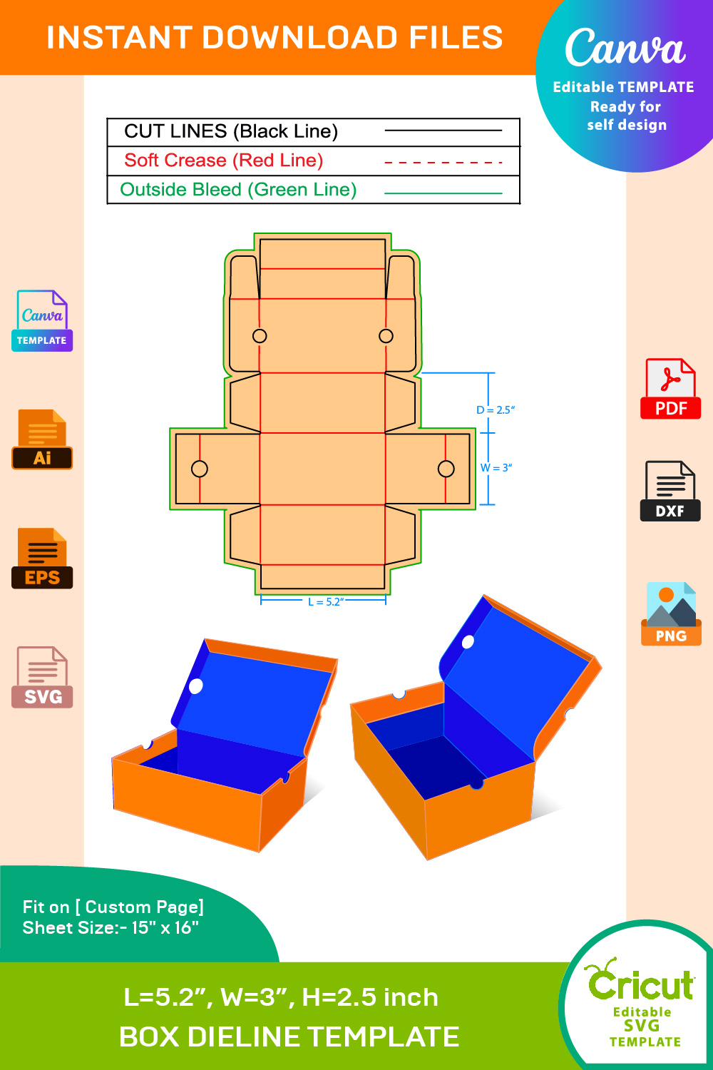 kids sneaker box large size 5.2x 3x2.5 inch dieline template 02 2