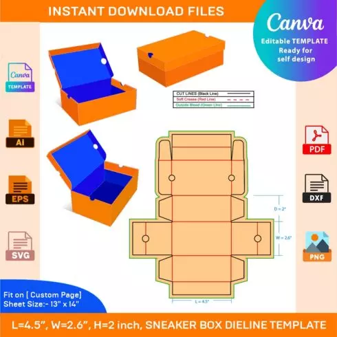 Kids Sneaker box Medium size 45x 26x2 Inch Dieline Template cover image.