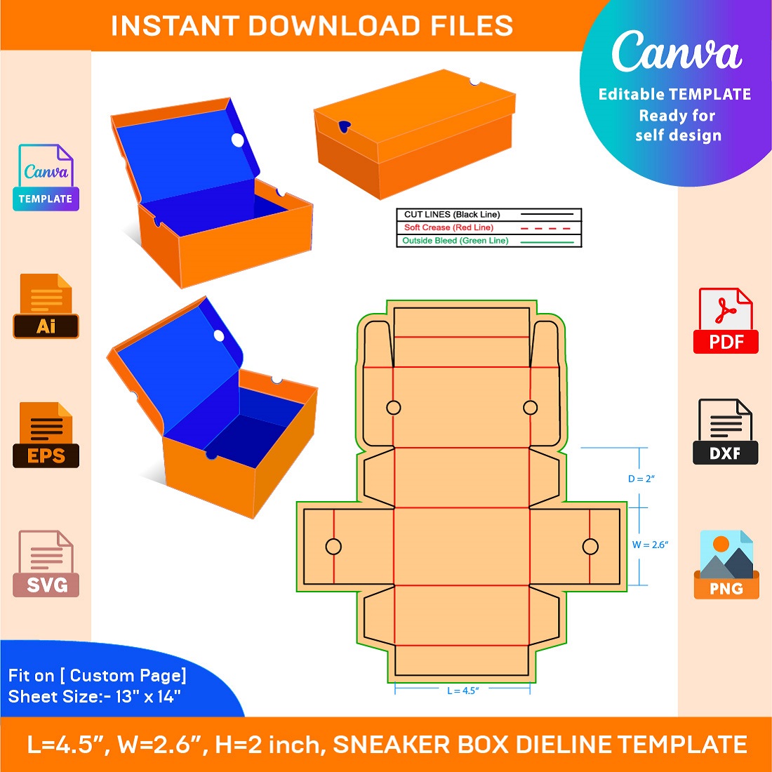 Kids Sneaker box Medium size 45x 26x2 Inch Dieline Template cover image.