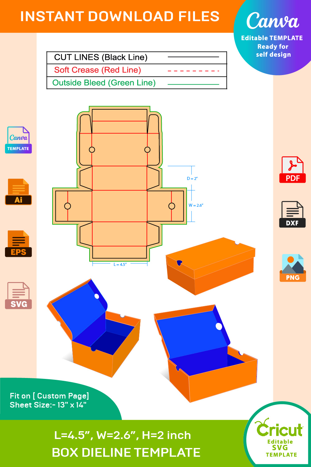 kids sneaker box medium size 4.5x 2.6x2 inch dieline template 02 600