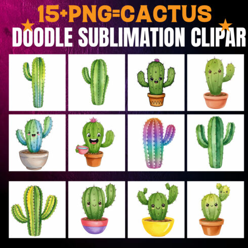 15+ Funny Cactus Sublimation Clipart | High-Resolution PNG Bundle cover image.