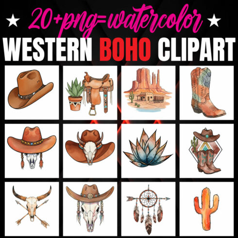 20+ Watercolor Western Boho Clipart | High-Resolution PNG Bundle cover image.