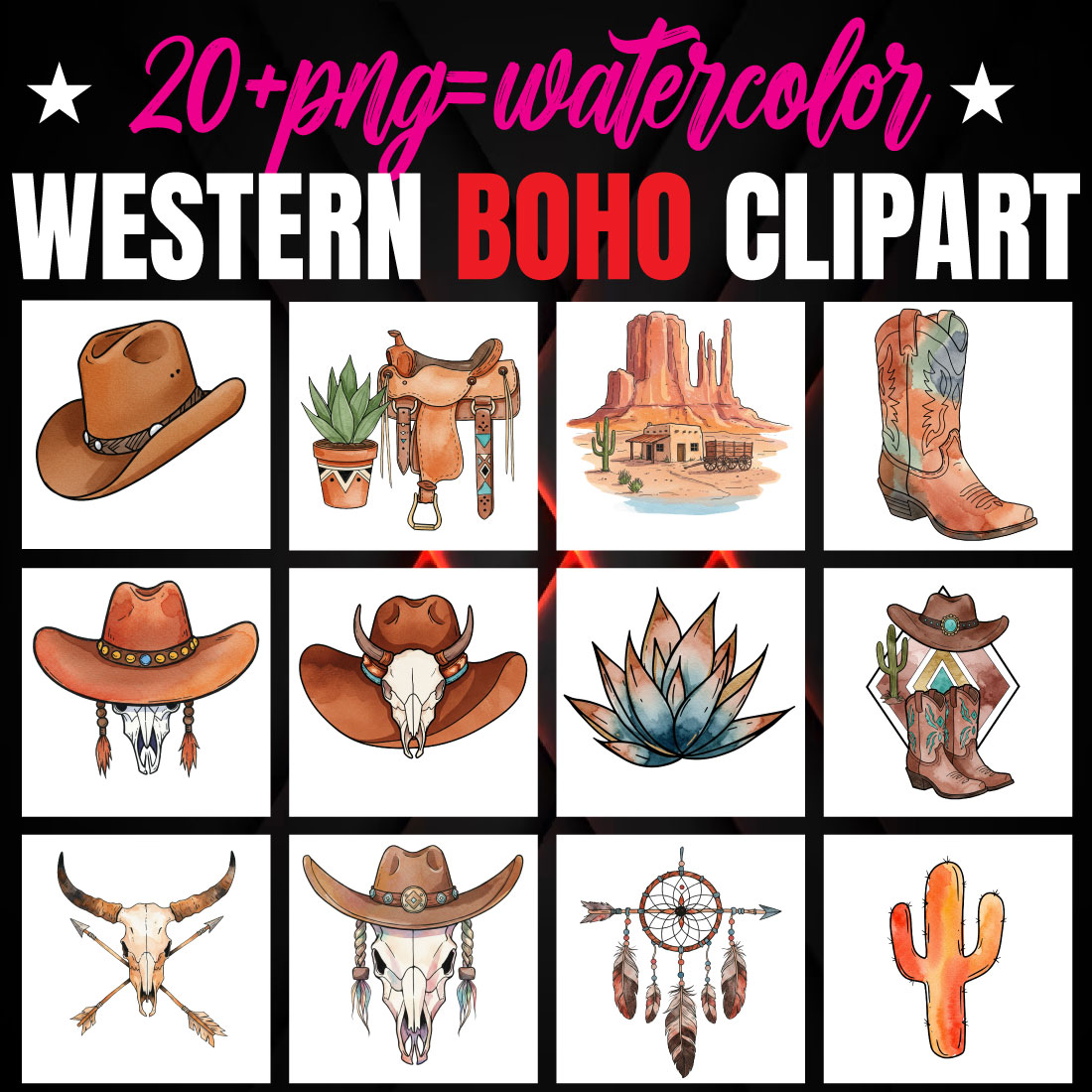 20+ Watercolor Western Boho Clipart | High-Resolution PNG Bundle cover image.