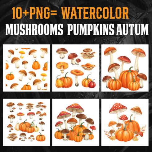 10+ Watercolor Mushrooms & Pumpkins Autumn PNG | Cozy Fall Clipart Bundle cover image.