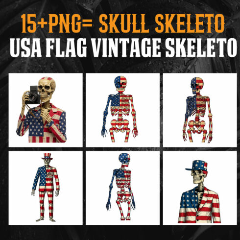 8+ USA Flag Vintage Skeleton Clipart PNG | Patriotic Grunge Sublimation Bundle cover image.