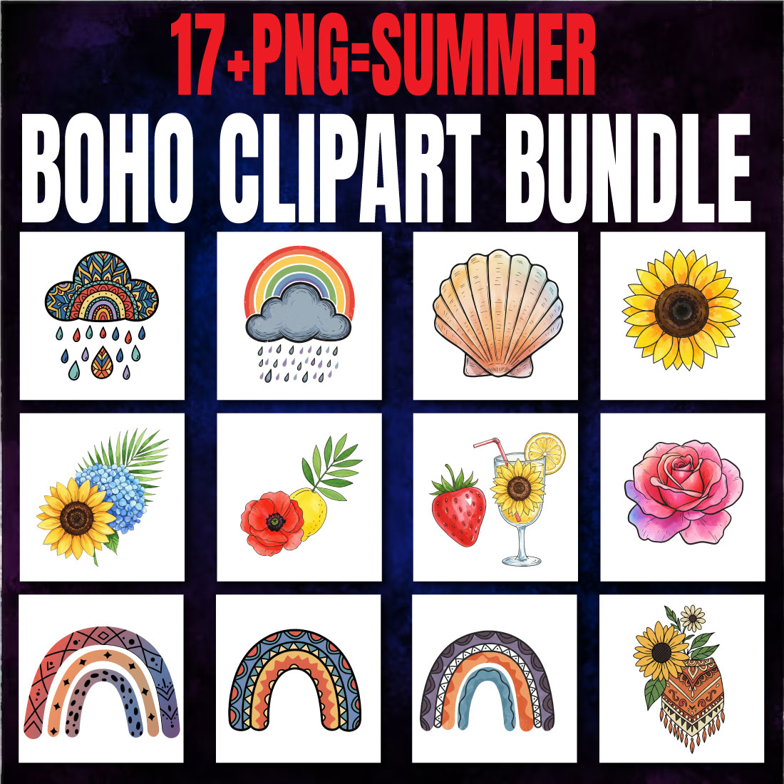 17+ Summer Boho Clipart Bundle | High-Resolution PNG Graphics cover image.