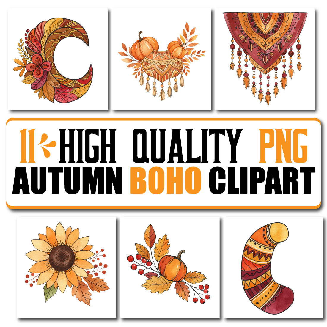 11+ High-Resolution Autumn Boho Clipart Bundle | Fall Watercolor PNG cover image.