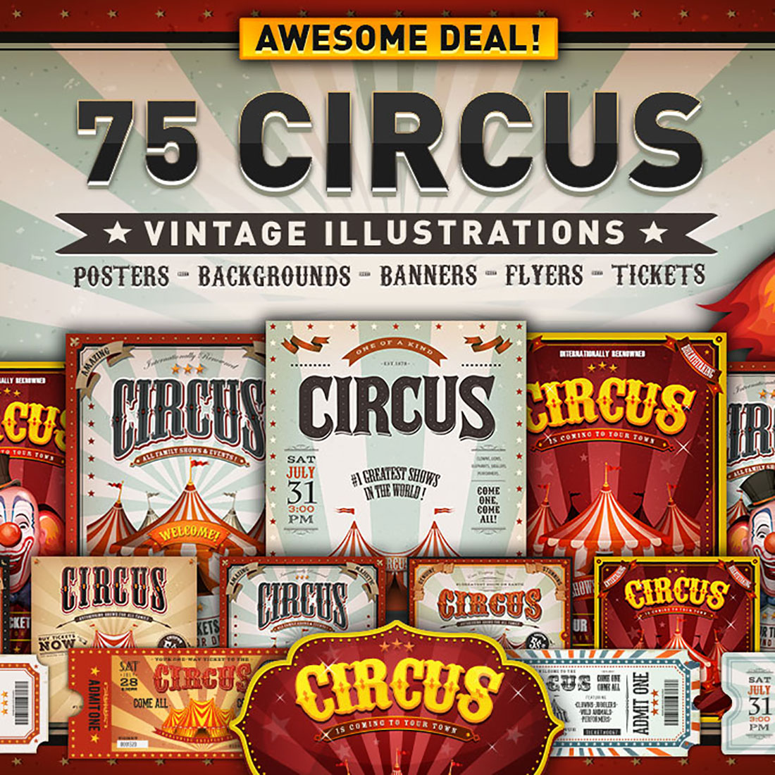 Epic Circus Collection: 75 Stunning Retro Circus Designs! cover image.