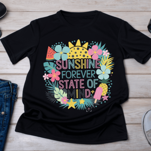 Summer Vibes Colorful with Fruits and Flowers T-Shirt Design cover image.