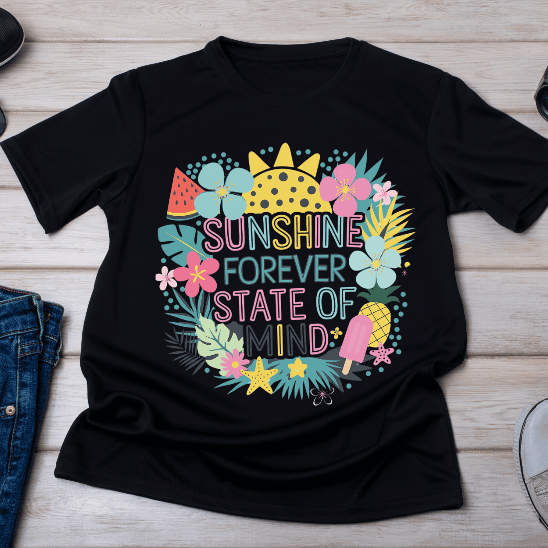 Summer Vibes Colorful with Fruits and Flowers T-Shirt Design cover image.