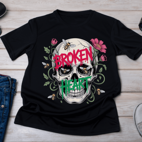 Broken Heart Skull and Bees T-Shirt Design cover image.
