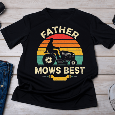 Father Mows Best Retro Lawn Mower T-Shirt Design cover image.