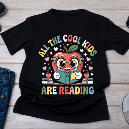 Retro Reading Apple Character T-Shirt Design cover image.