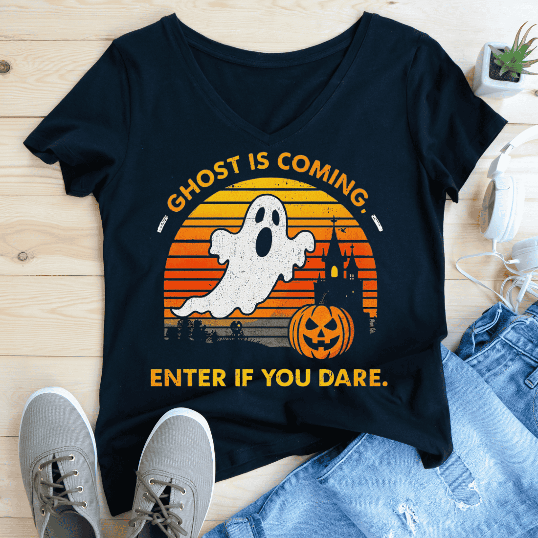 Distressed Jack-o-Lantern Ghost T-Shirt Design preview image.