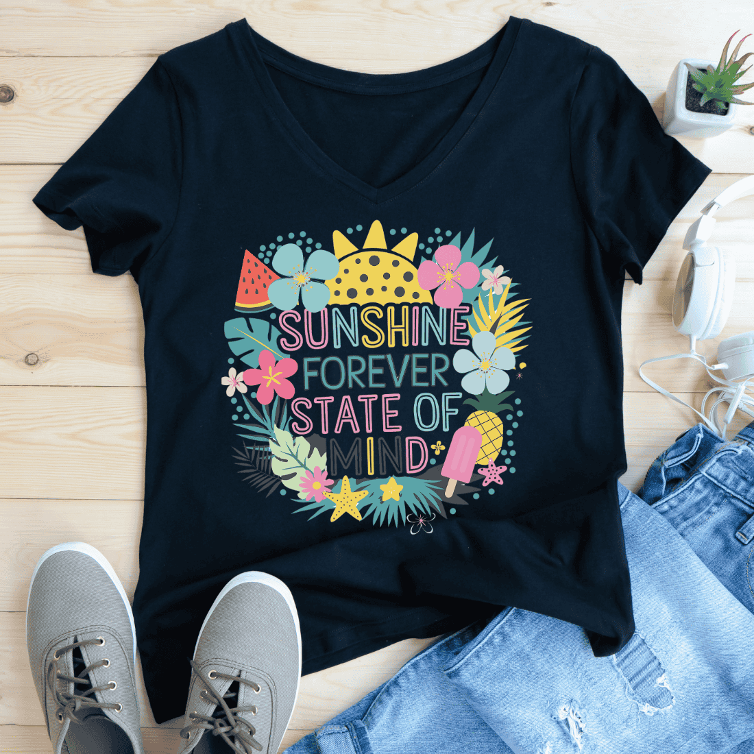 Summer Vibes Colorful with Fruits and Flowers T-Shirt Design preview image.