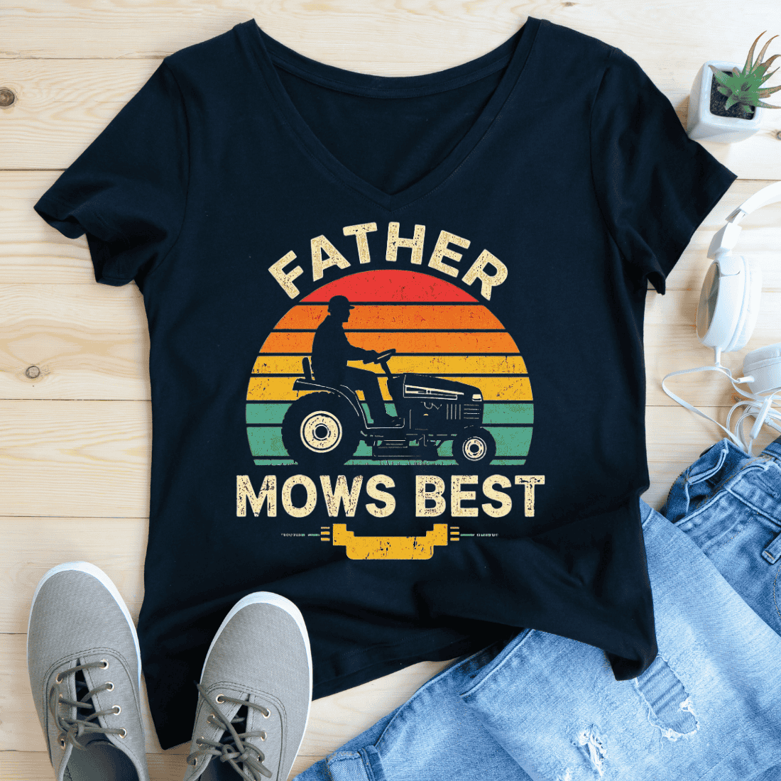 Father Mows Best Retro Lawn Mower T-Shirt Design preview image.