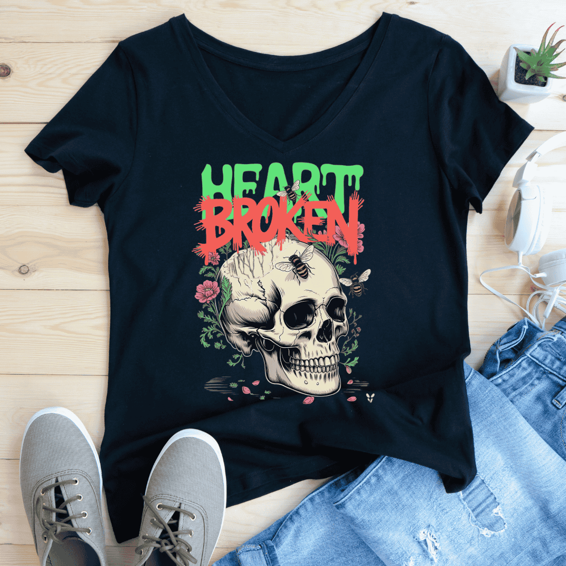 Grunge Floral Skull T-Shirt Design preview image.