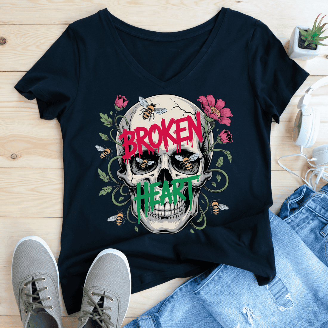 Broken Heart Skull and Bees T-Shirt Design preview image.