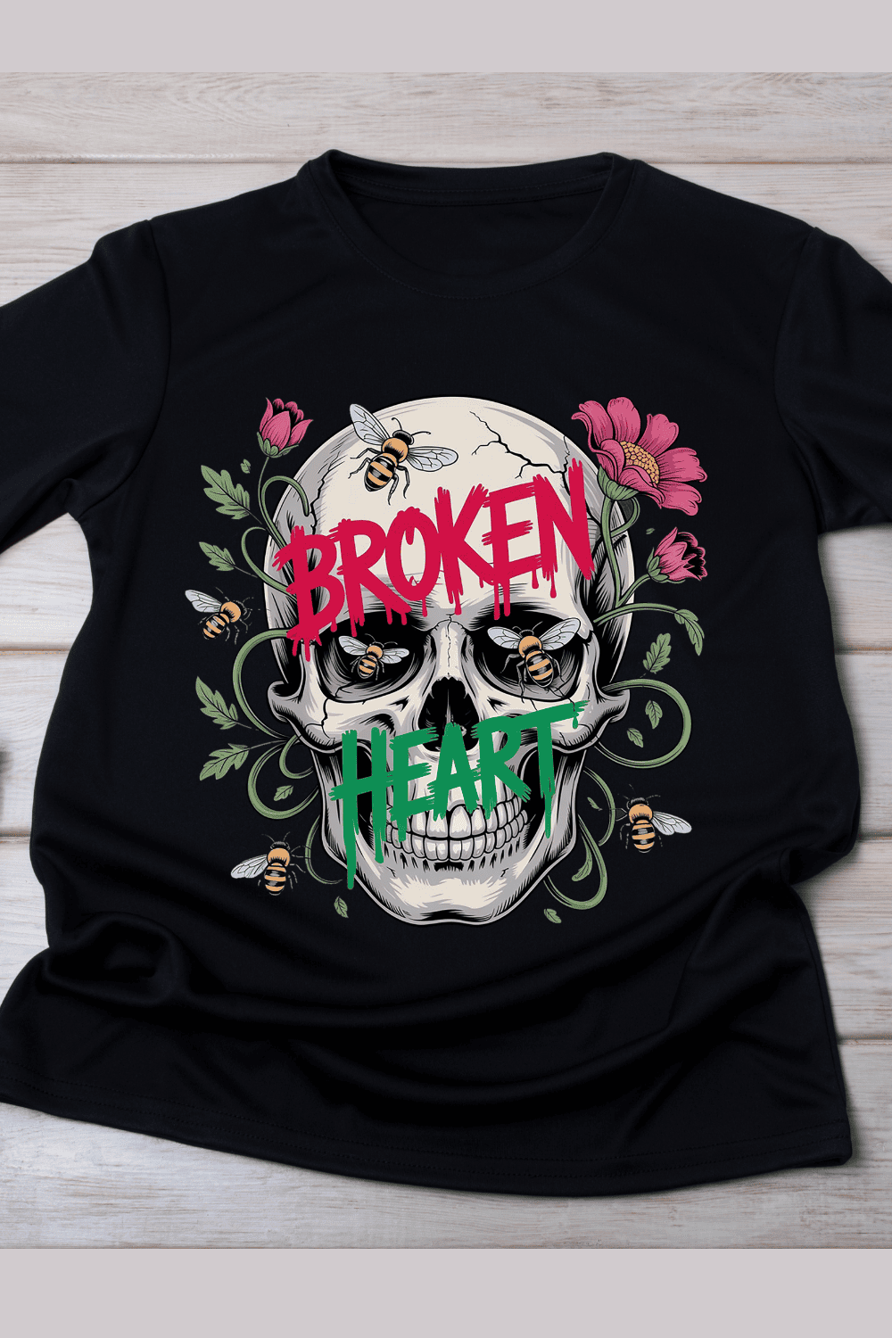 Broken Heart Skull and Bees T-Shirt Design pinterest preview image.