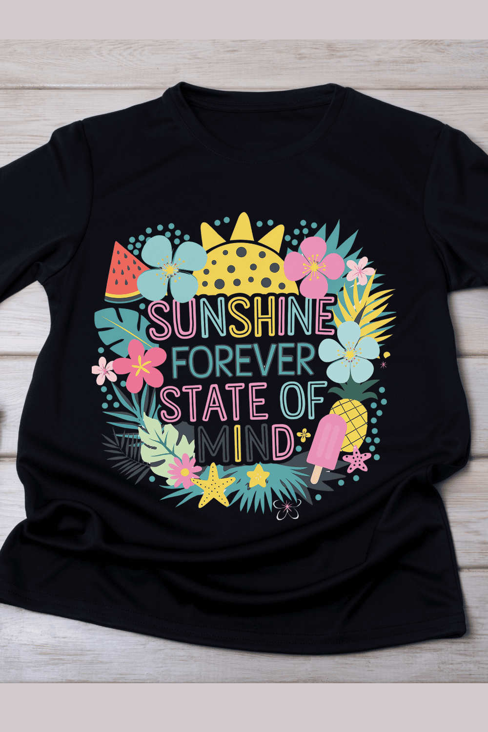 Summer Vibes Colorful with Fruits and Flowers T-Shirt Design pinterest preview image.