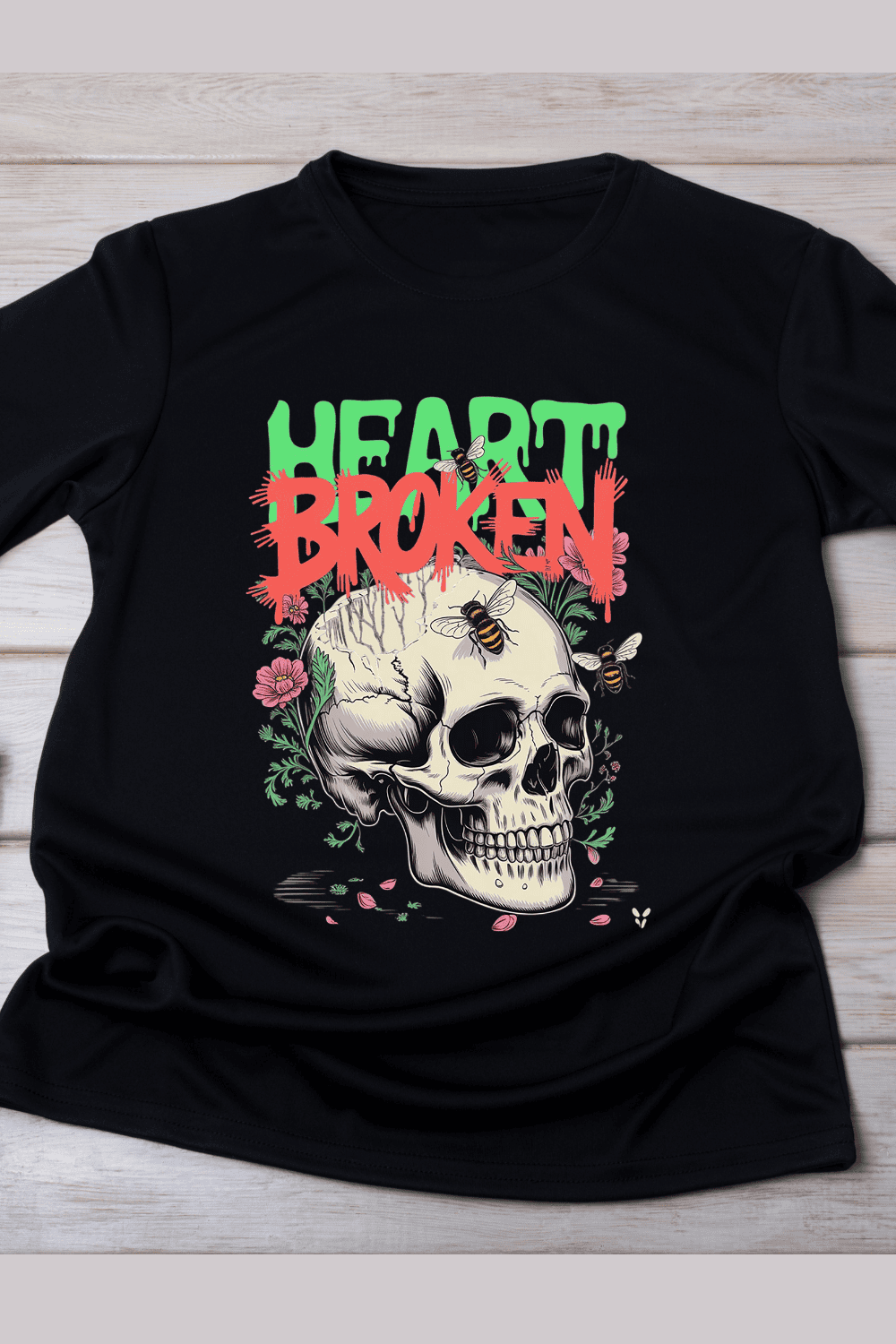 Grunge Floral Skull T-Shirt Design pinterest preview image.