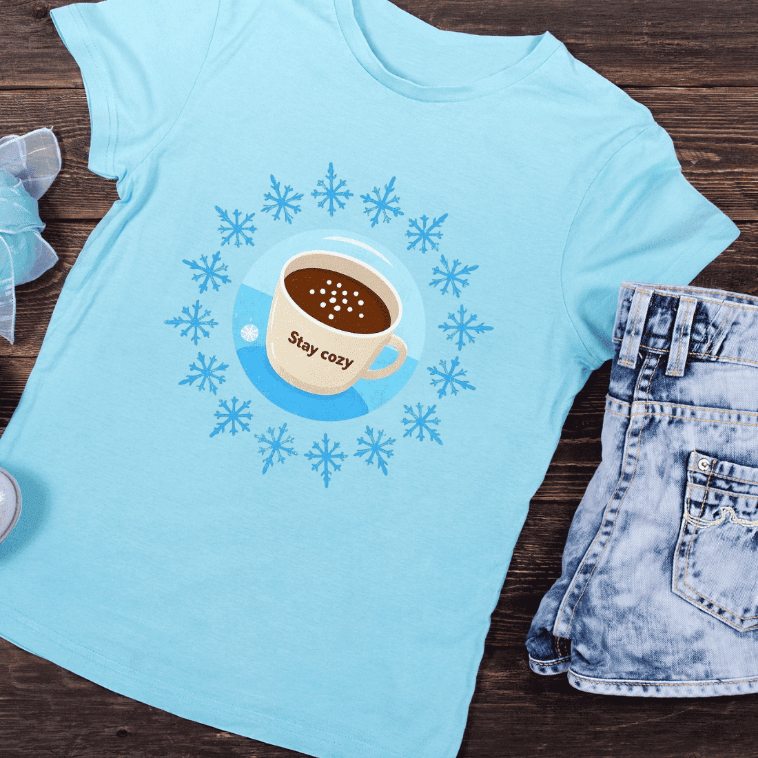 Stay Cozy Hot Chocolate Snowflakes T-Shirt Design preview image.