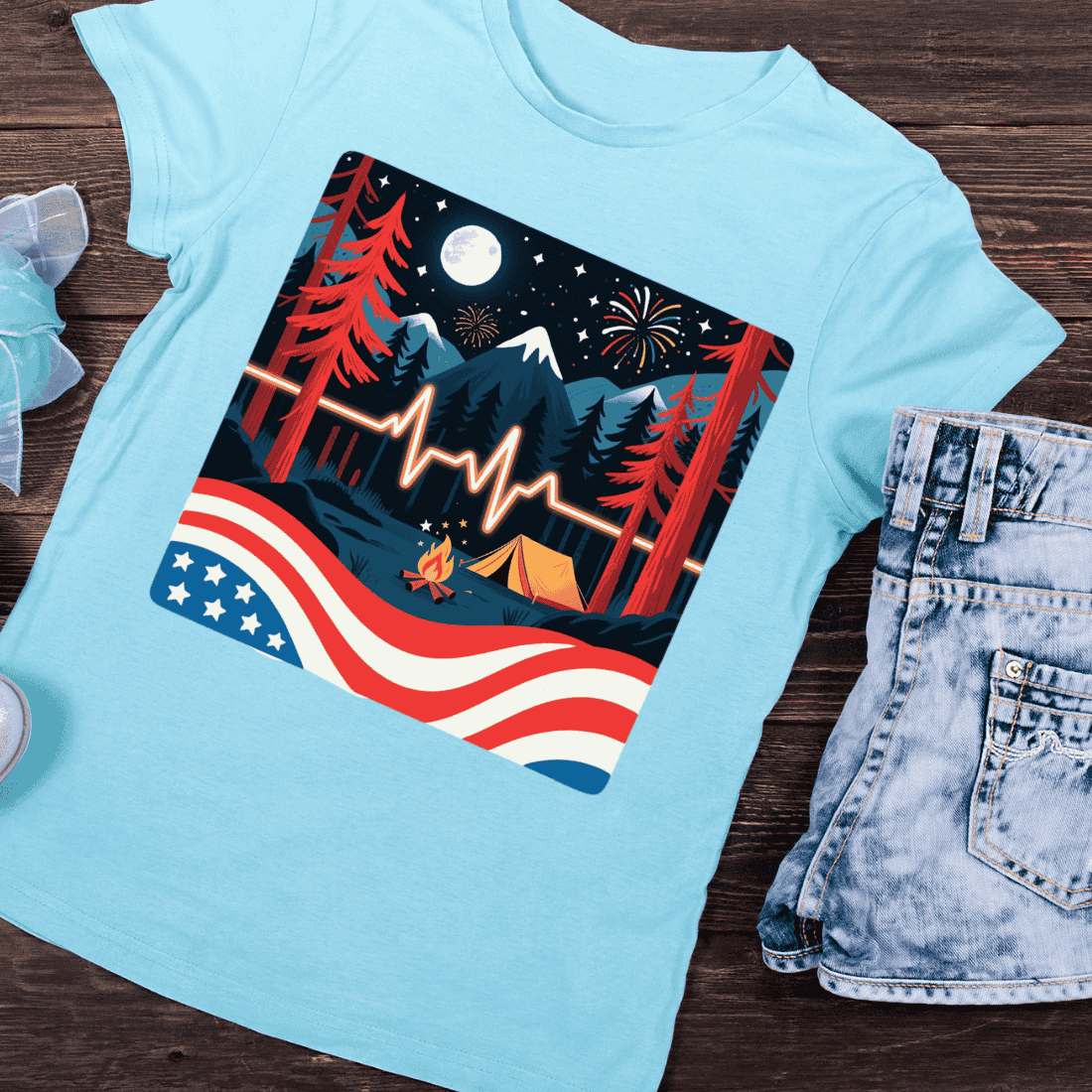 Patriotic Camping Scene Heartbeat T-Shirt Design preview image.