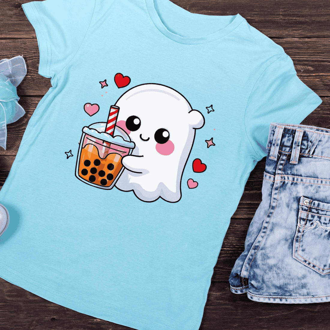 Kawaii Bubble Tea Ghost T-Shirt Design preview image.