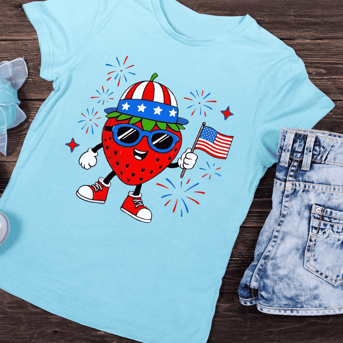 USA Theme Strawberry with Sunglasses T-Shirt Design preview image.