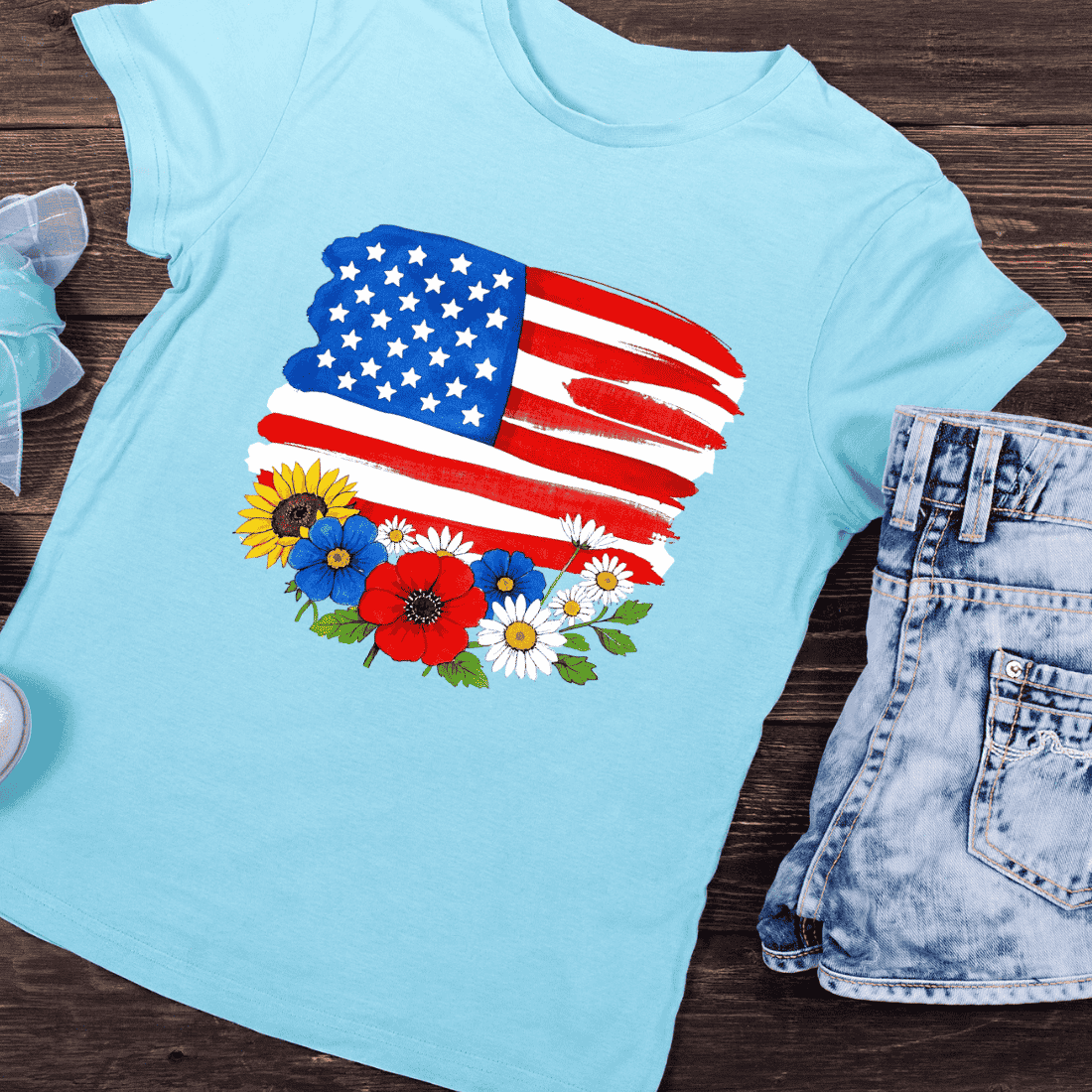 USA Flag and Botanical T-Shirt Design preview image.