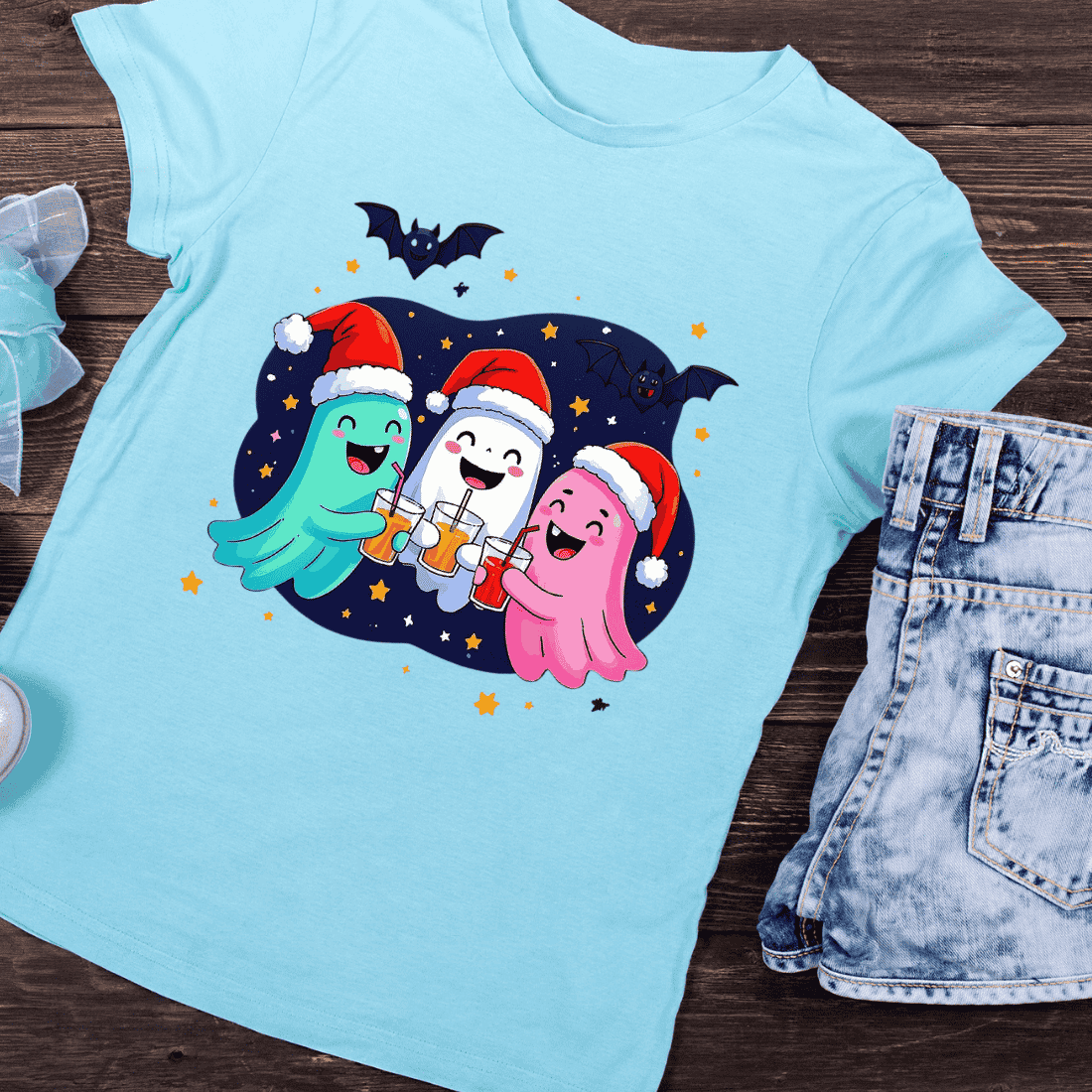 Ghosts Wearing Santa Hats and Drinking T-Shirt Design preview image.