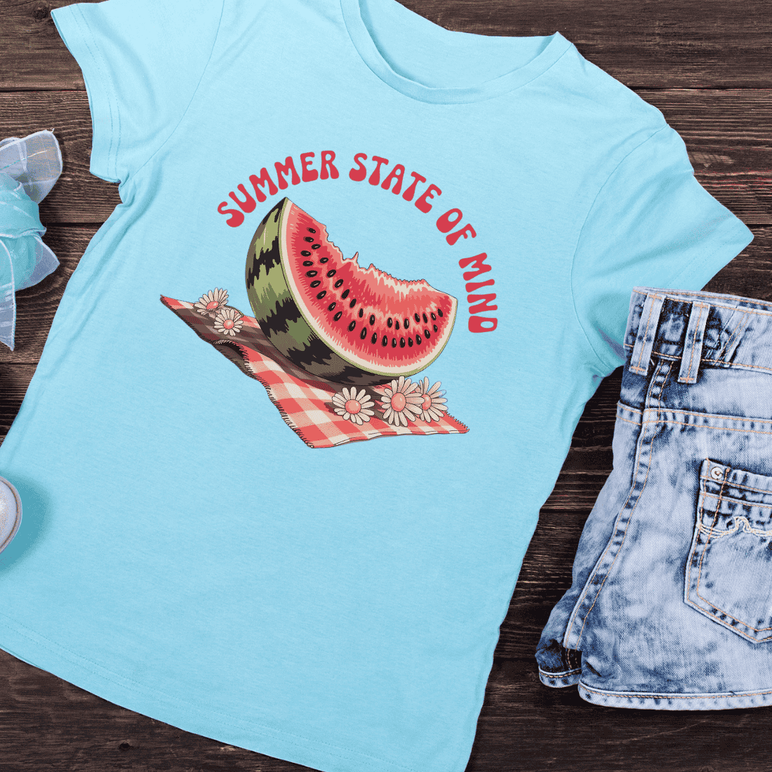 Summer State of Mind Watermelon Picnic T-Shirt Design preview image.