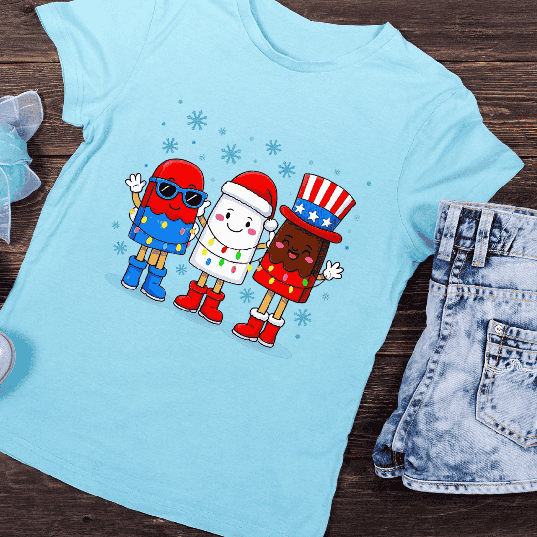 Red White Blue Popsicle with Santa Hat T-Shirt Design preview image.