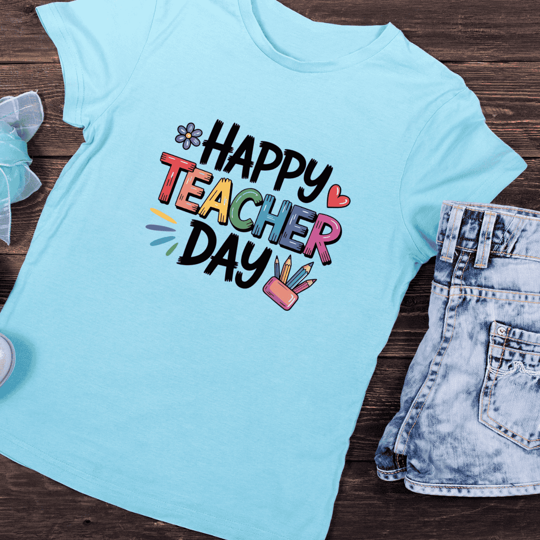 Vibrant Teacher's Day Text T-Shirt Design preview image.
