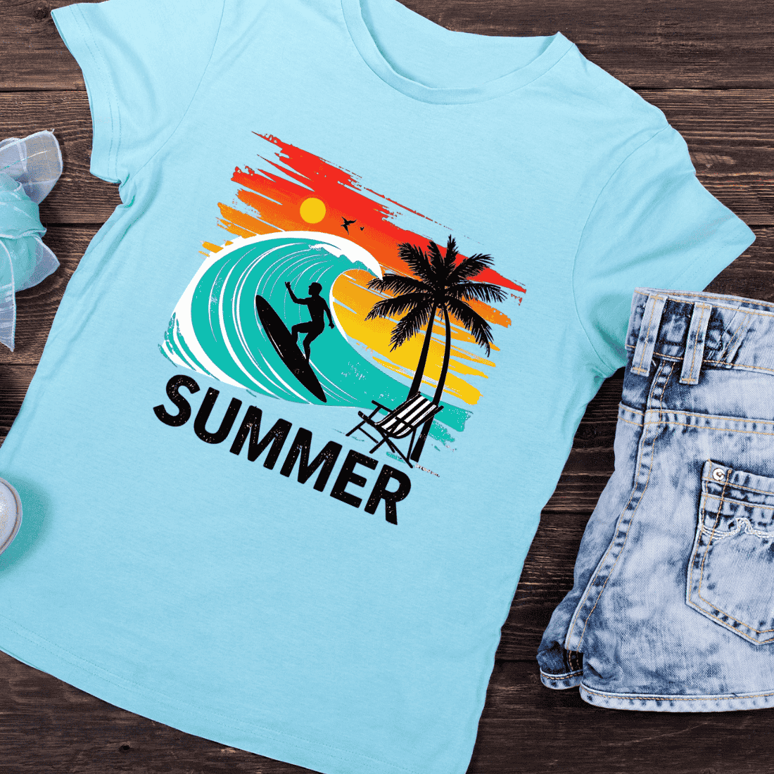 Retro Beach Sunset T-Shirt Design preview image.