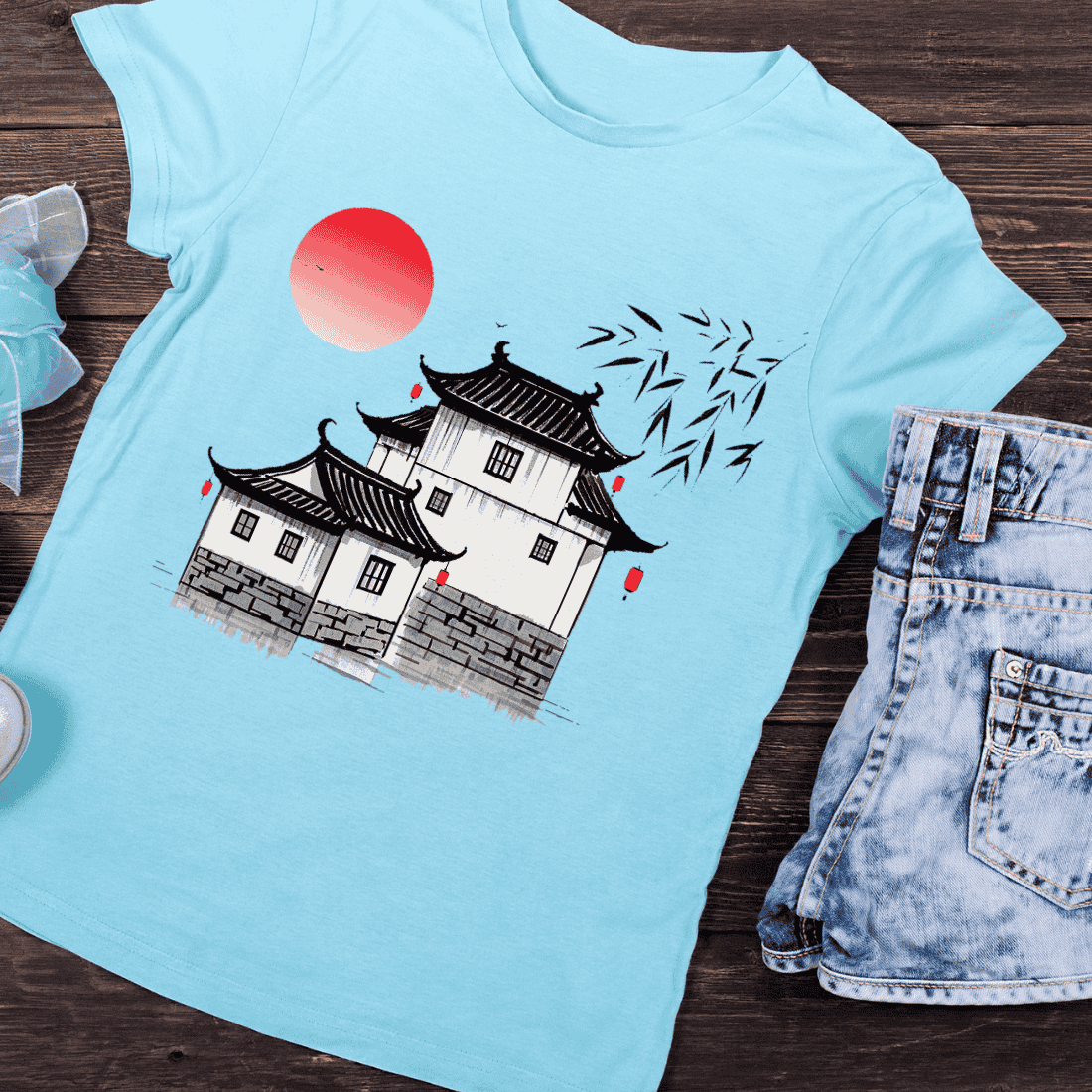Chinese Village Ink Wash T-Shirt Design preview image.