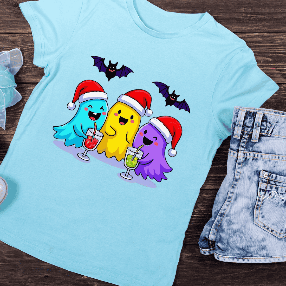 Adorable Ghosts Party with Bats and Stars T-Shirt Design preview image.
