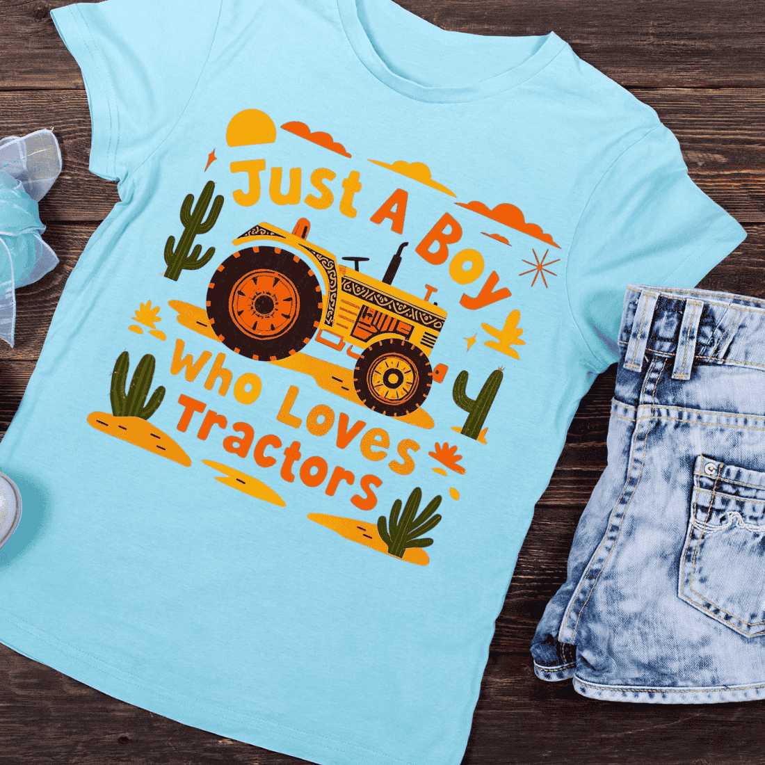 Tractor Lover Boy with Desert Scene T-Shirt Design preview image.