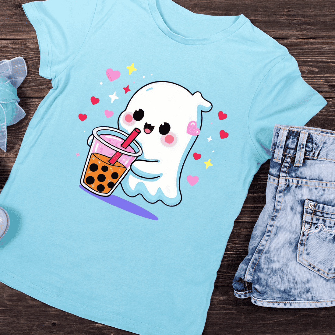 Cute Ghost Loves Boba Tea T-Shirt Design preview image.