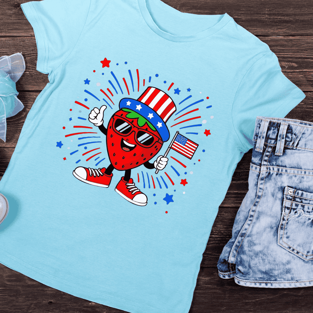 Patriotic Strawberry with USA Flag T-Shirt Design preview image.
