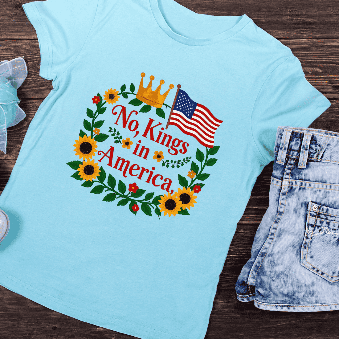 Patriotic Freedom with Sunflowers and Flag T-Shirt Design preview image.