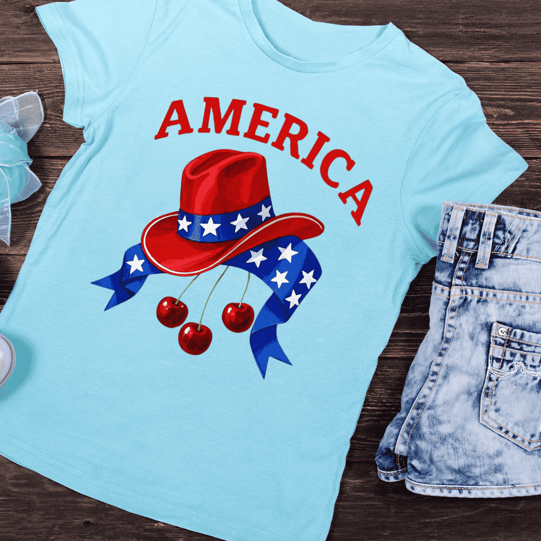 America Cowboy Hat Cherries PNG T-Shirt Design preview image.
