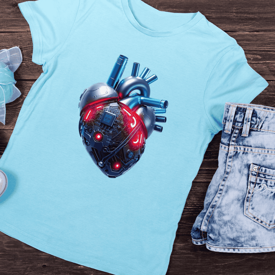 Technological Heart with Red Glow T-Shirt Design preview image.