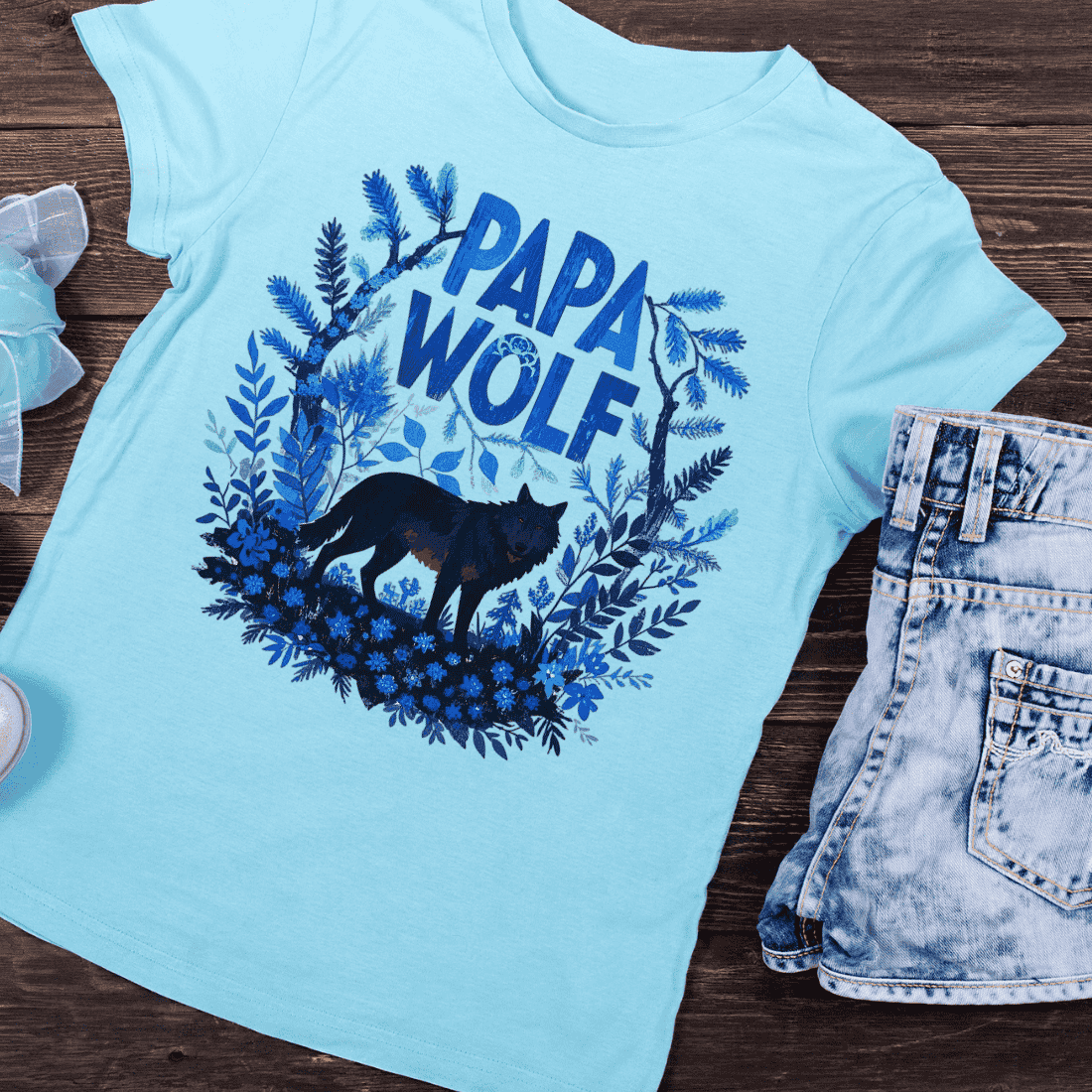 Papa Wolf Forest with Blue Botanicals T-Shirt Design preview image.