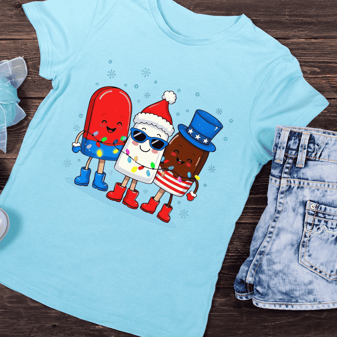 Festive Red White Blue Desserts T-Shirt Design preview image.